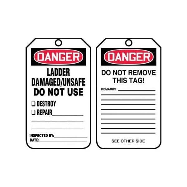 Accuform Safety Tags, DANGER LADDER DAMAGED/ UNSAFE DO NOT USE, 5.75in x 3.25in, RP-Plastic, 25PK MDT234PTP - main
